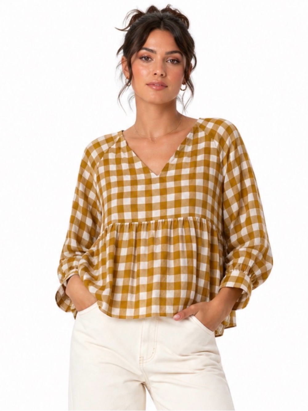 Maeve by Anthropologie Gingham Babydoll Top